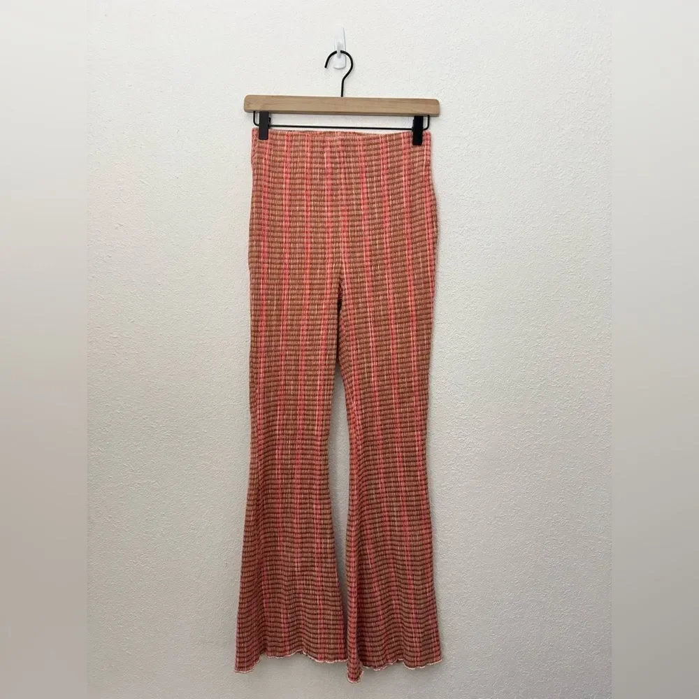 Free People Fine Line High Rise Plaid Flare Boho Ankle Pant in Rust Combo XS NEW